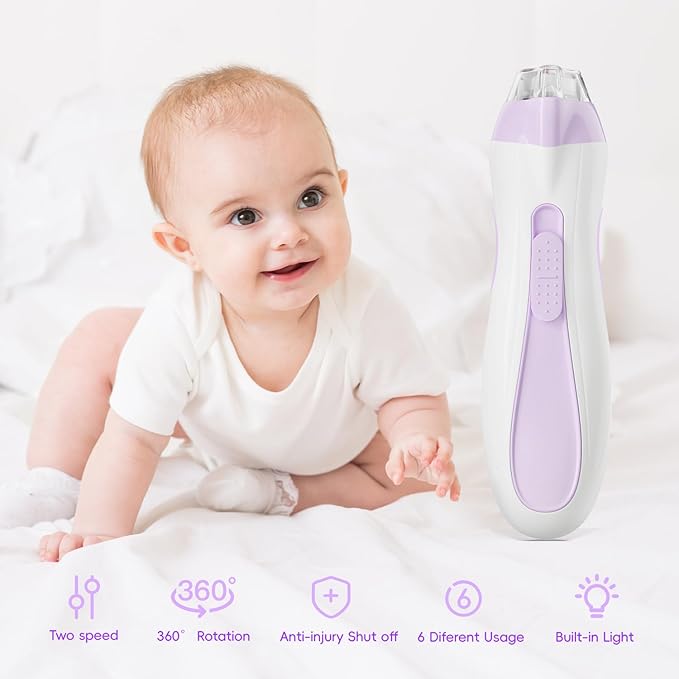 Baby Nail Trimmer Electric, 15 in 1 Baby Nail Clippers for Gentle Nail Care, Rechargeable Baby Nail File Electric with Light &15 Grinding Pads for Infant Toddler, Purple-CubbioJoy