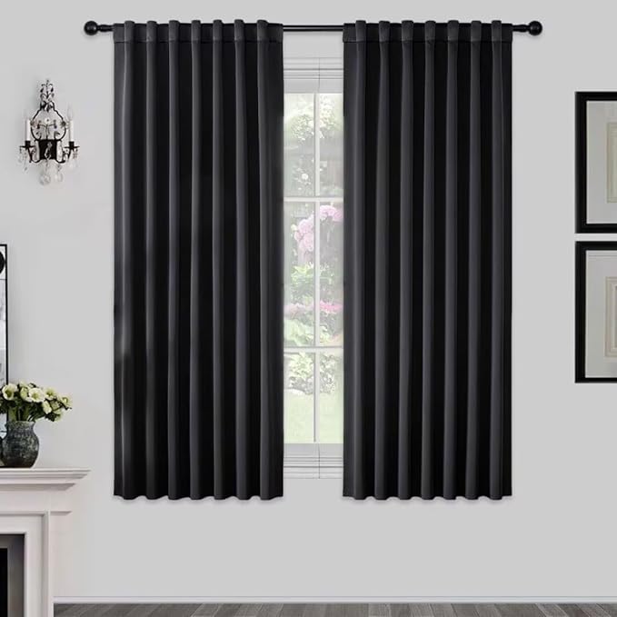 Joydeco 72 Inch Blackout Curtains for Bedroom, Black Out Curtains 72 Inch Long, Room Darkening Curtains & Drapes for Living Room Window Rod Pocket Back Tab (W52 x L72 Inch, Black)-CubbioJoy