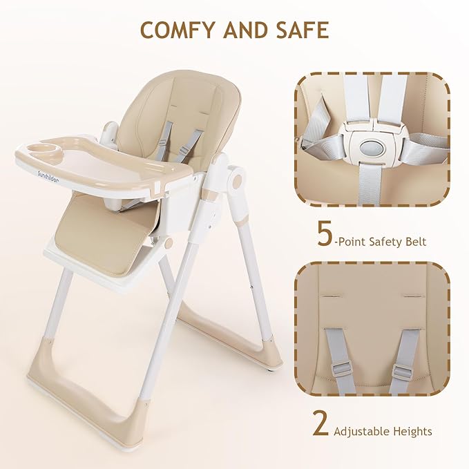 3 in 1 Baby High Chair with Wheels, Adjustable 5 Point Harness, Tray, Foot Rest, Backrest and Seat Height, Foldable High Chair for Toddlers, Beige-CubbioJoy