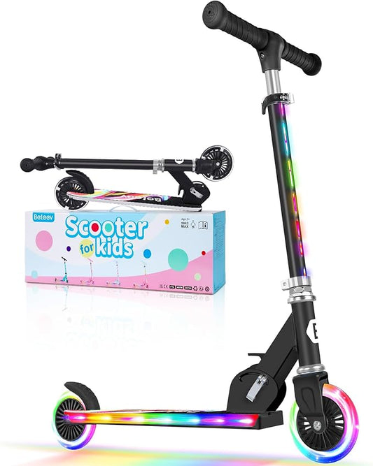 BELEEV V2 Scooters for Kids with Light-Up Wheels & Stem & Deck, 2 Wheel Folding Scooter for Girls Boys, 3 Adjustable Height, Non-Slip Pattern Deck, Lightweight Kick Scooter for Children Ages 3-12-CubbioJoy