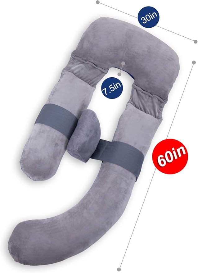 60in Full Body Pillow | Nursing, Maternity and Pregnancy Body Pillow | Awesling Extra Large U Shape Pillow and Lounger with Detachable Side, Separate Support Pillow and Removable Cover (Grey Blue)-CubbioJoy