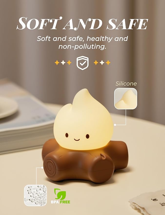 Campfire Night Light for Kids, Cute Campfire Lamp Gifts, LED Light up Flame Lights, Dimmable, Rechargeable Bedside Nightlight, Baby Nursery Dorm Kawaii Décor Toys-CubbioJoy