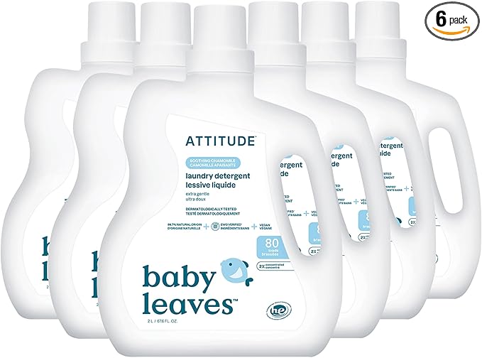 ATTITUDE Baby Laundry Detergent Liquid, EWG Verified, Safe for Baby Clothes, Infant and Newborn, HE Compatible, Soothing Chamomile, 80 Loads, 67.6 Fl Oz (Pack of 6) (AMAZON EXCLUSIVE)-CubbioJoy