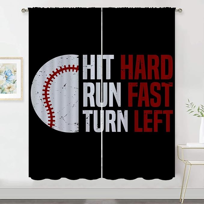 Baseball Blackout Curtains for Boy Girl Room Darkening Decor,Sport Theme Red and White Motto Dark Bedroom Living Room Home Rod Pocket Thermal Insulated Window Curtain/Drapes Panel,55x63 Inch…-CubbioJoy