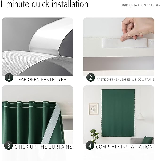 Blackout Curtains for Bedroom Stick On Curtains Window Shades Pull Down Blackout Window Cover No Drillng Self Adhesive Curtains No Rod Small Curtain, 59" W X 59" L, Dark Green, 1 Panel-CubbioJoy
