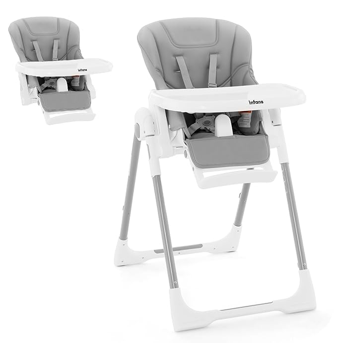 INFANS High Chair for Babies & Toddlers, Foldable Highchair with Multiple Adjustable Backrest Footrest Seat Height, Removable Tray, Detachable PU Leather Cushion Wheels (with Booster, Light Grey)-CubbioJoy