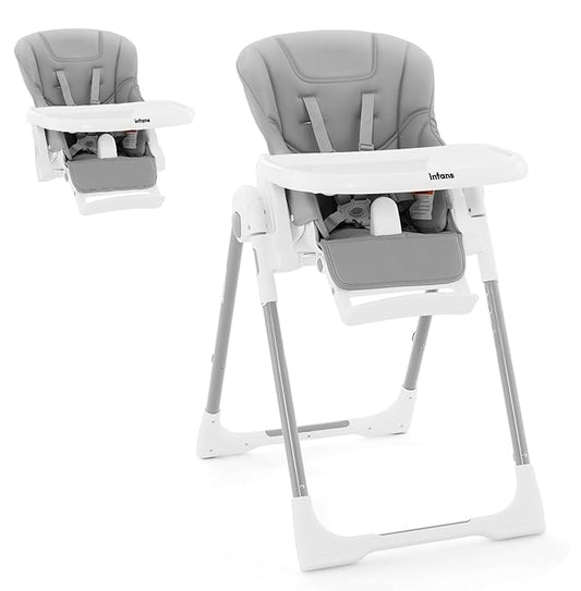 INFANS High Chair for Babies & Toddlers, Foldable Highchair with Multiple Adjustable Backrest Footrest Seat Height, Removable Tray, Detachable PU Leather Cushion Wheels (with Booster, Light Grey)-CubbioJoy