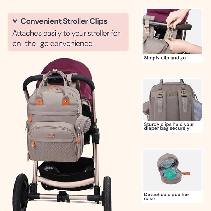 BabbleRoo Diaper Bag Backpack - Baby Essentials Travel Tote - Multi Function Waterproof Diaper Bag, Travel Essentials Baby Bag with Changing Pad, Stroller Straps & Pacifier Case - Unisex, Khaki-CubbioJoy