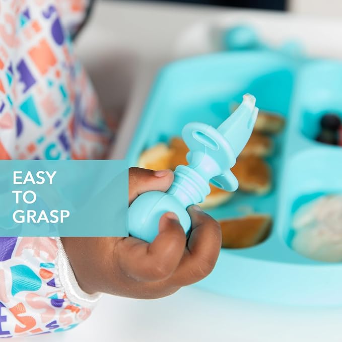 Bumkins Baby Utensils Set, Chewtensils Silicone Spoons for Dipping, Self-Feeding, Baby Led Weaning, Trainer Learning First Stage Eating, Soft Practice Fork and Spoon, Babies 6 Months, Blue-CubbioJoy