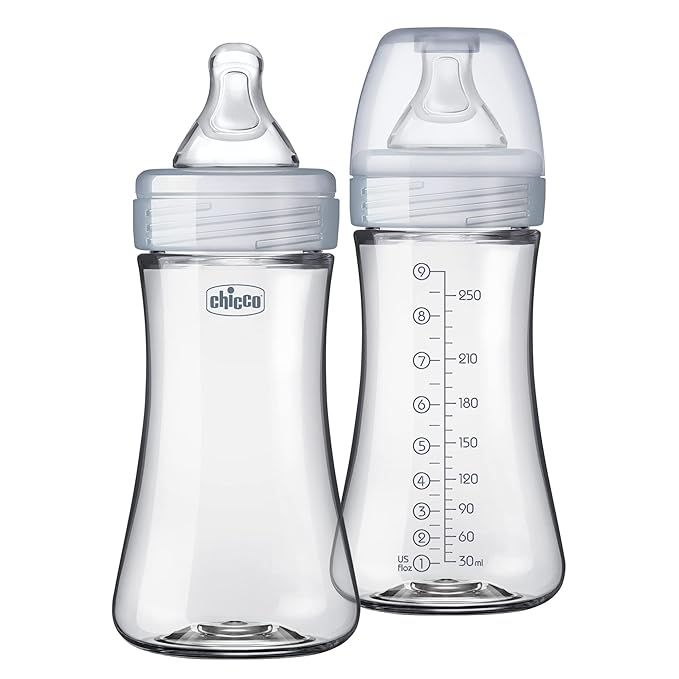 Chicco Duo 9oz. Hybrid Baby Bottle with Invinci-Glass Inside and Plastic Outside | Dishwasher, Bottle Warmer, and Electric Sterilizer Safe | Intui-Latch Nipple | Clear/Grey, 2pk-CubbioJoy