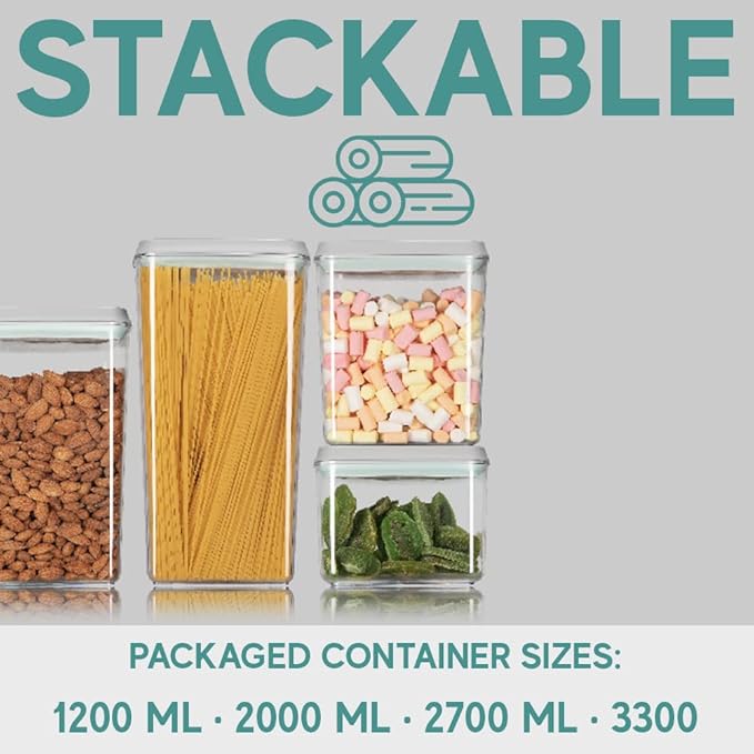 BopTop (4pc Set) Airtight Food Storage Container – Mechanical Silicone Seal Canister - BPA-Free Stackable - 1.3Qt/2.1Qt/2.8Qt/3.5Qt-CubbioJoy