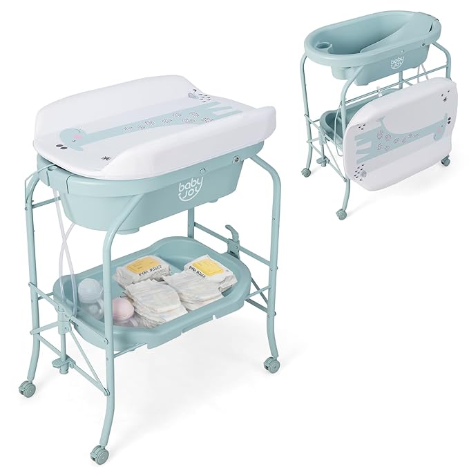 BABY JOY Baby Bathtub with Changing Table, Foldable Infant Diaper Changing Station with Storage Tray, Waterproof Pad, Portable Newborn Nursery Organizer Bath Stand with 4 Universal Wheels (Blue)-CubbioJoy