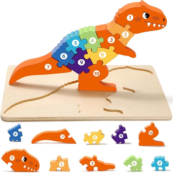 Dinosaur Puzzles for 1+ Year Old, Wooden Puzzles for Toddlers 1-3, Dinosaur Toys for Kids 2-4 Boys/Girls, Large Floor Chunky Dino Puzzles Ages 3-5, Learning Number Color 4-6, Allosaurus-CubbioJoy