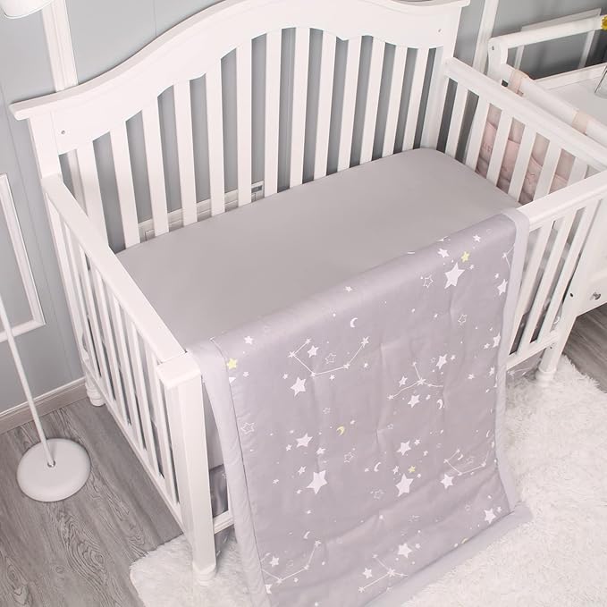 Belsden 3 Piece Crib Bedding Set for Baby Boys Girls, Classic Nursery Bedding Essential Including Comforter, Crib Sheet and Crib Skirt, Ultra Soft Cozy, Star Light Grey-CubbioJoy