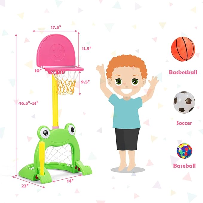 Costzon Toddler Basketball Hoop, 3-in-1 Sports Set for Basketball, Baseball & Football, 6 Height Adjustable Basketball Toy Activity Center for Indoor & Outdoor, Best Gift for Kids (Cute Frog)-CubbioJoy