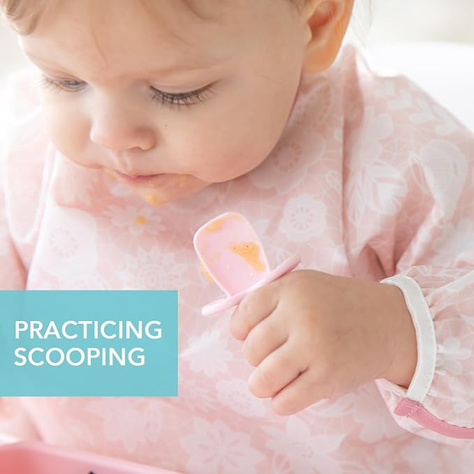 Bumkins Baby Utensils Set, Chewtensils Silicone Spoons for Dipping, Self-Feeding, Baby Led Weaning, Trainer Learning, First Stage Eating, Soft Practice Fork and Spoon, Babies 6 Months, Pink-CubbioJoy