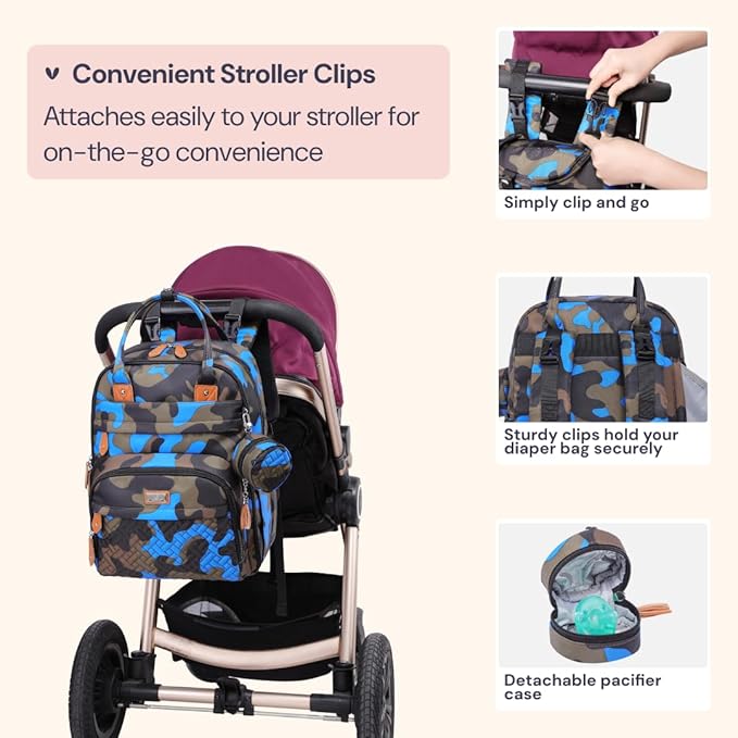 BabbleRoo Diaper Bag Backpack - Baby Essentials Travel Tote - Multi function Waterproof Diaper Bag, Travel Essentials Baby Bag with Changing Pad, Stroller Straps & Pacifier Case - Unisex, Blue Camo-CubbioJoy