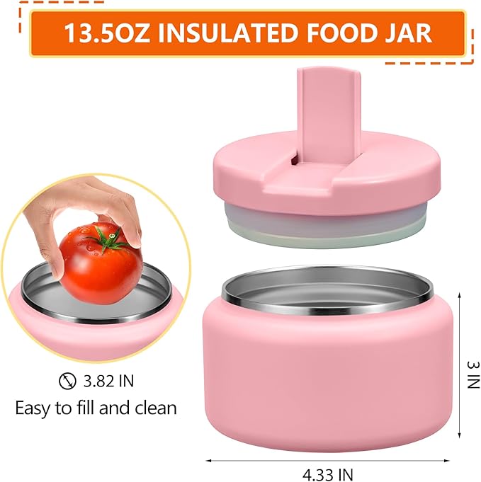 13.5oz Kids Thermos for Hot Food, Insulated Vacuum Food Jar with Buckle Lid, Stainless Steel Wide Mouth Leak Proof Insulated Lunch Container for School Picnic Travel,Pink-CubbioJoy