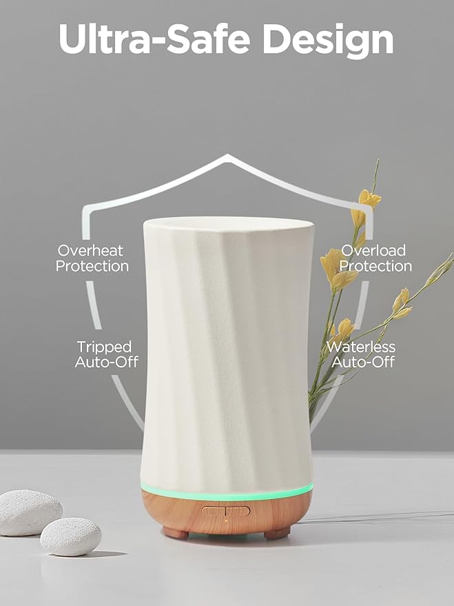 InnoGear 150ml Ceramic Oil Diffuser, Handcrafted Stone Essential Oil Diffuser Aromatherapy Diffusers Ultrasonic Cool Mist Humidifier Vaporizor with 2 Mist Modes Waterless Auto Off for Room Office Home-CubbioJoy