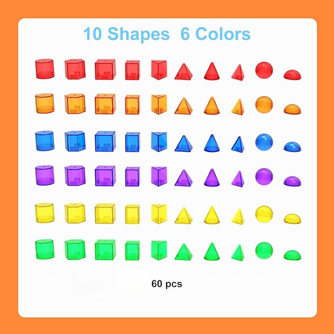 3D Geometric Solids 60 Pcs for Kids Translucent Geometric Shapes for Geometry Beginnings,Light Table Manipulatives Toy Math Helper School Supplies-CubbioJoy