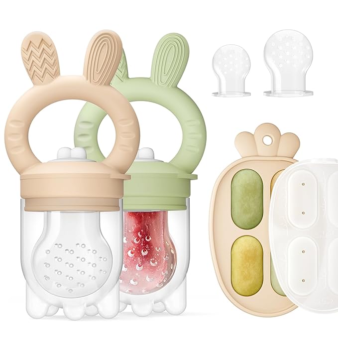 2 Packs Baby Fruit Feeder & Freezer Nibble Tray Combo, Push Pop Baby Food Feeder to Safely Introduce New Foods, Fresh & Frozen Food Silicone Feeder, 100% Food Grade, BPA Free (Caramel & Olive)-CubbioJoy