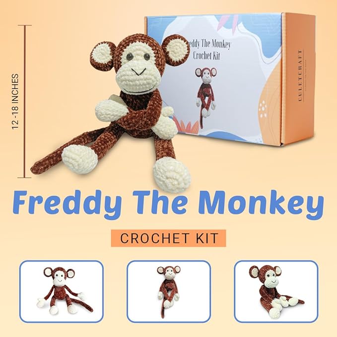 CULETCRAFT Crochet Kit for Beginners Adults, Freddy The Monkey DIY Crochet Animal Kit for Beginners, Learn to Crochet with Step-by-Step Instruction Book, Beginner Crochet Kit for Adults and Kids-CubbioJoy