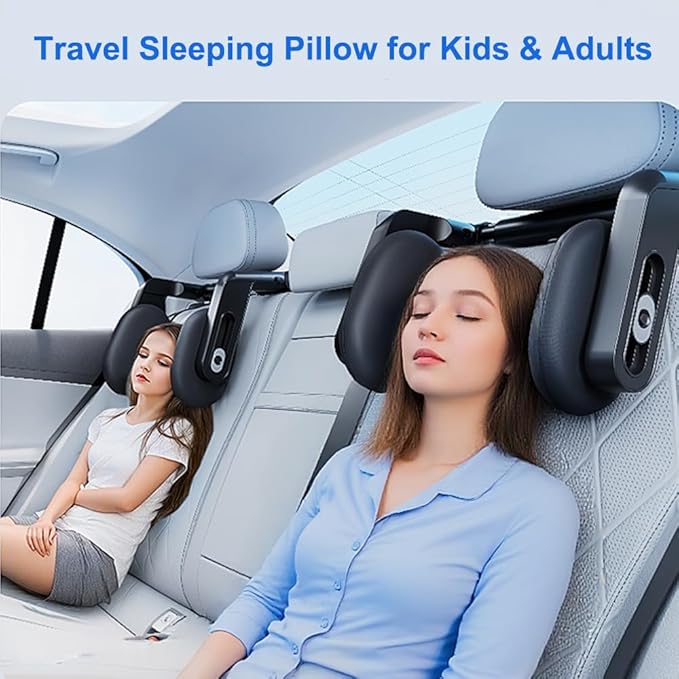 Car Headrest Pillow with Hook, Adjustable Car Seat Neck Support with Memory Foam & Ice Silk, 360° Rotating Travel Sleeping Headrest for Kids & Adults (1 Eye Mask Included)-CubbioJoy