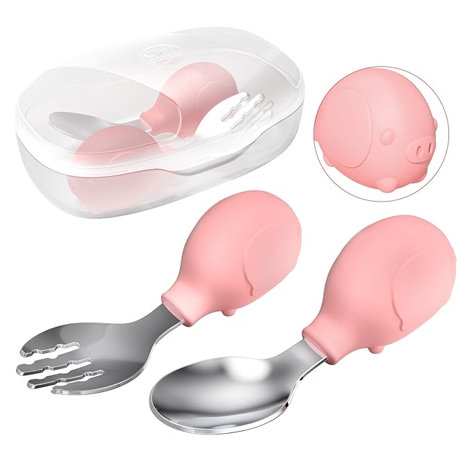 Deejoy Toddler Utensils - Stainless Steel Spoons and Forks, Kids Silverware Set with Travel Case (Pink)-CubbioJoy