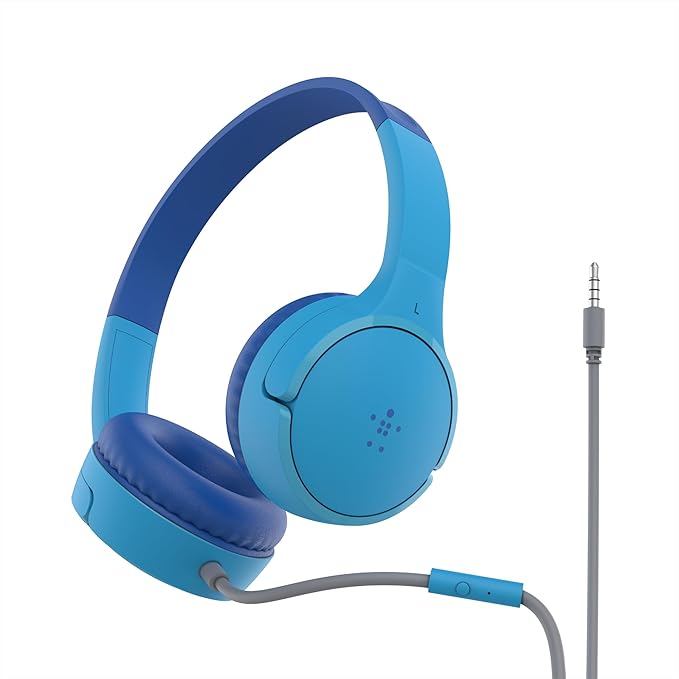 Belkin SoundForm Mini Kids Wired Headphones with Built-in Microphone & Fun Stickers, 85dB Safe Volume Limit – for Online Learning, Travel, Compatible w/iPhone 15, iPad, Galaxy S23, & More - Blue-CubbioJoy