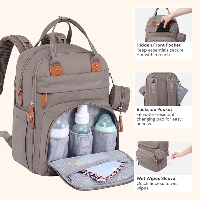 BabbleRoo Diaper Bag Backpack - Baby Essentials Travel Tote - Multi Function Waterproof Diaper Bag, Travel Essentials Baby Bag with Changing Pad, Stroller Straps & Pacifier Case - Unisex, Khaki-CubbioJoy