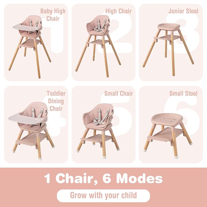 BABY JOY Baby High Chair, 6 in 1 Convertible Wooden High Chair for Babies & Toddlers with Adjustable Legs, Double Removable Tray, Safety Harness & Waterproof PU Cushion (Pink)-CubbioJoy