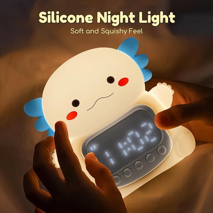 Axolotl Alarm Clock with Night Light for Kids, 7 RGB Color Cute Alarm Clocks for Bedrooms Ok to Wake Clocks, Silicone Animal Tabletop Lamp for Teen Girls Boys, White-CubbioJoy