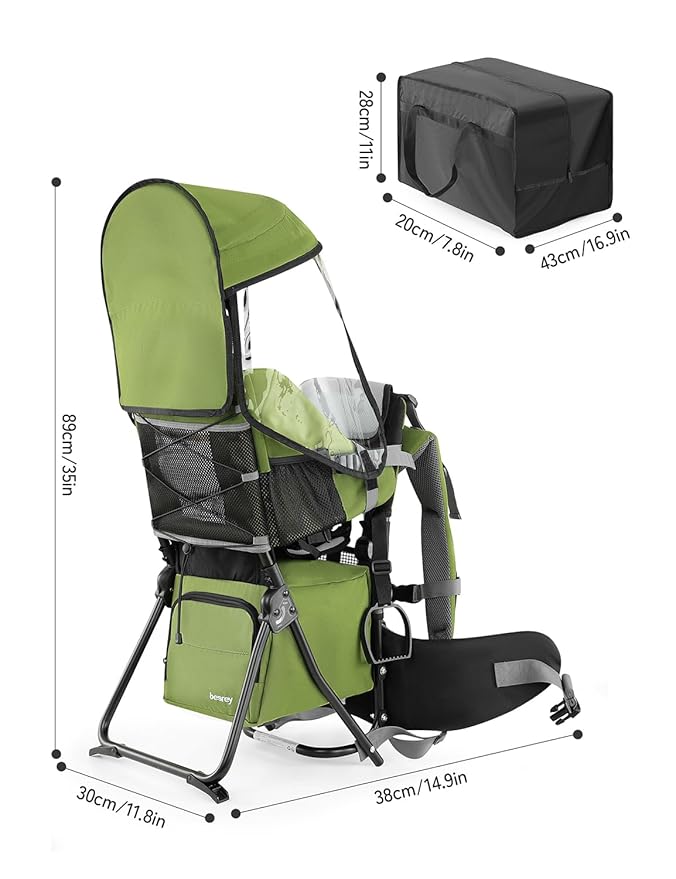 besrey Baby Backpack Carrier, Toddler Hiking Backpack with Safety 3-Height Seat, Adjustable Straps&Waist Belt, Foldable Frame Lightweight Large Capacity Child Carrier for Hiking (Army Green)-CubbioJoy