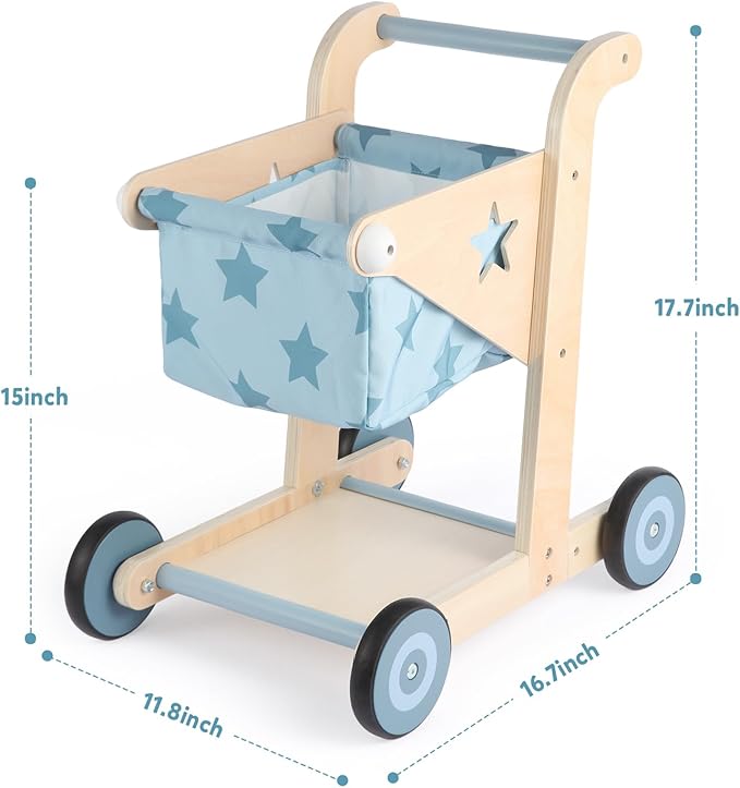 Asweets 2 in 1 Wooden Baby Walker Push and Pull Doll Stroller, Shopping Cart Learning Walker for Boys and Girls, Sit Stand Learning Toddler Toy (Blue)-CubbioJoy