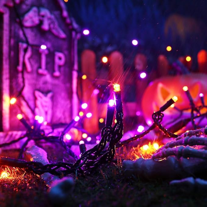 Brizled Orange & Purple Halloween Lights, 33ft 100 LED Halloween Lights 5mm Wide Angle String Light, 120V UL Certified Connectable Mini Purple Light Outdoor for Party Home Tree Decoration, Black Wire-CubbioJoy