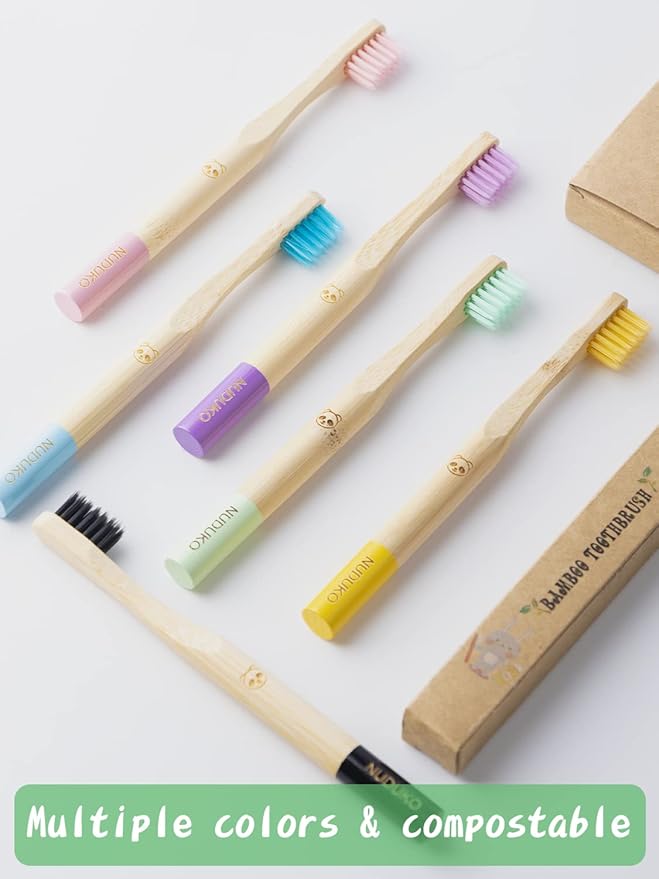 Bamboo Kids Toothbrushes (6 Pack) - Soft Bristle Organic Compostable BPA Free Toothbrush for Kids Toddler Baby Tooth Brush, Eco Friendly Natural Biodegradable Wooden Toothbrush - Round Handle-CubbioJoy