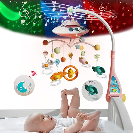Baby Musical Crib Mobile with Night Lights and Relaxing Music,Hanging Rotating Animals Rattles,Stars Projection,Remote Control,for Boy Girl Newborn Baby Toys（Pink）-CubbioJoy