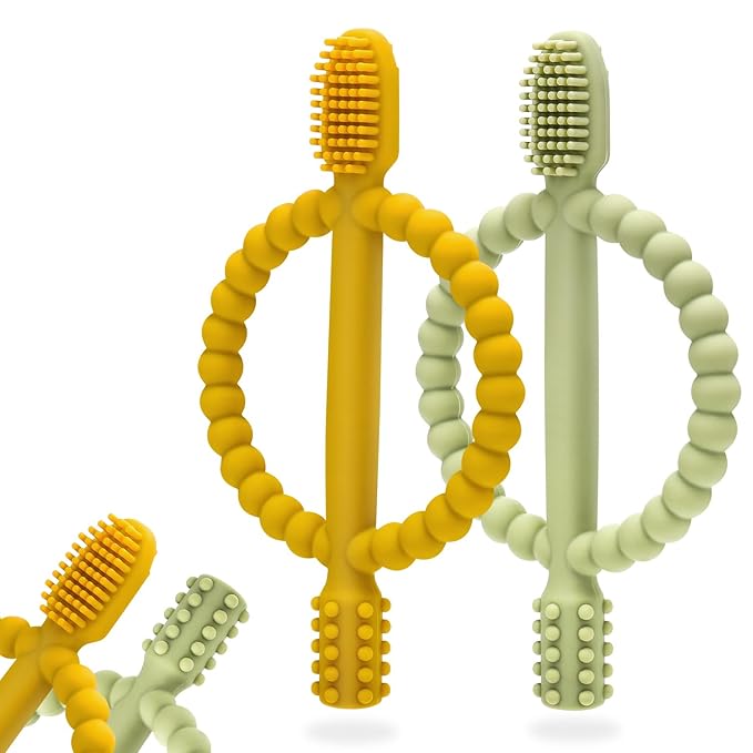 Baby Teething Toys with Easy-Hold Handle, Silicone Infant Toothbrush, Textured On Both Sides Helps Massage, Soothe Sore Gums, Teething Toys for Babies 0-6 Months, 6-12 Months-CubbioJoy