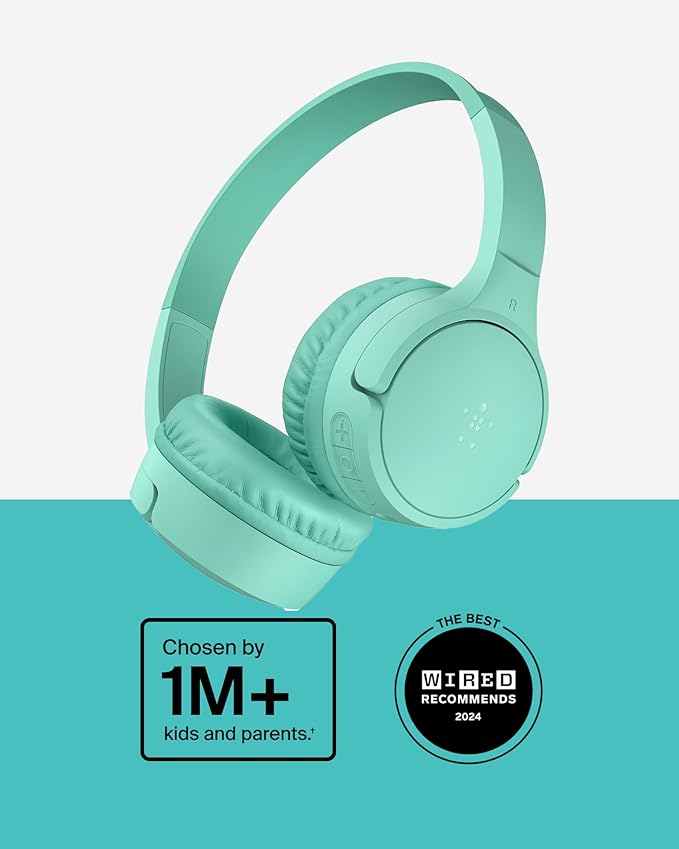 Belkin SoundForm Mini - Wireless Bluetooth Headphones for Kids with 30H Battery Life, 85dB Safe Volume Limit, Built-in Microphone - Kids On-Ear Earphones for iPhone, iPad, & More - Mint w/Case-CubbioJoy