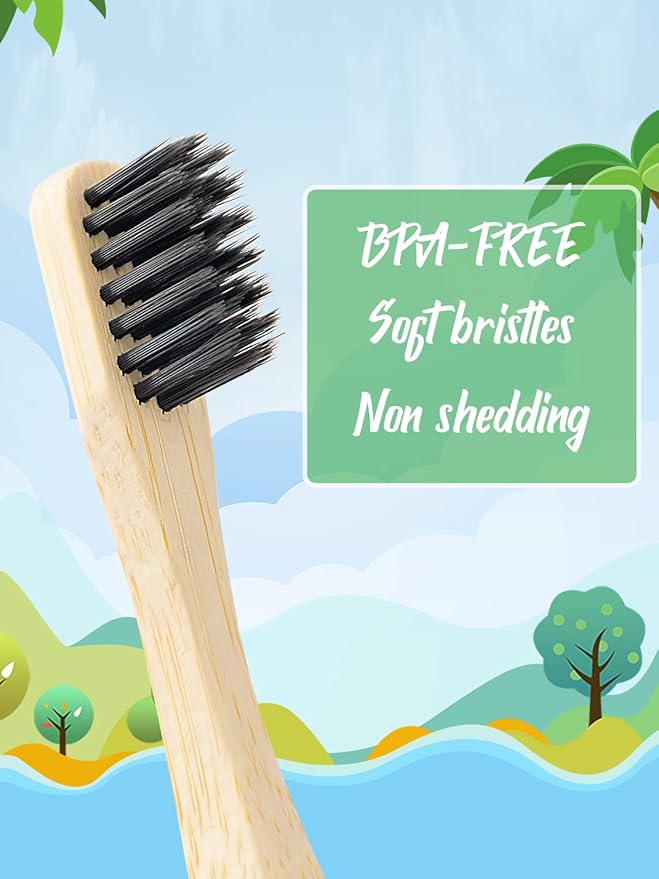 Bamboo Kids Toothbrushes (6 Pack) - Soft Bristle Organic Compostable BPA Free Toothbrush for Kids Toddler Baby Tooth Brush, Eco Friendly Natural Biodegradable Wooden Toothbrush - Round Handle-CubbioJoy
