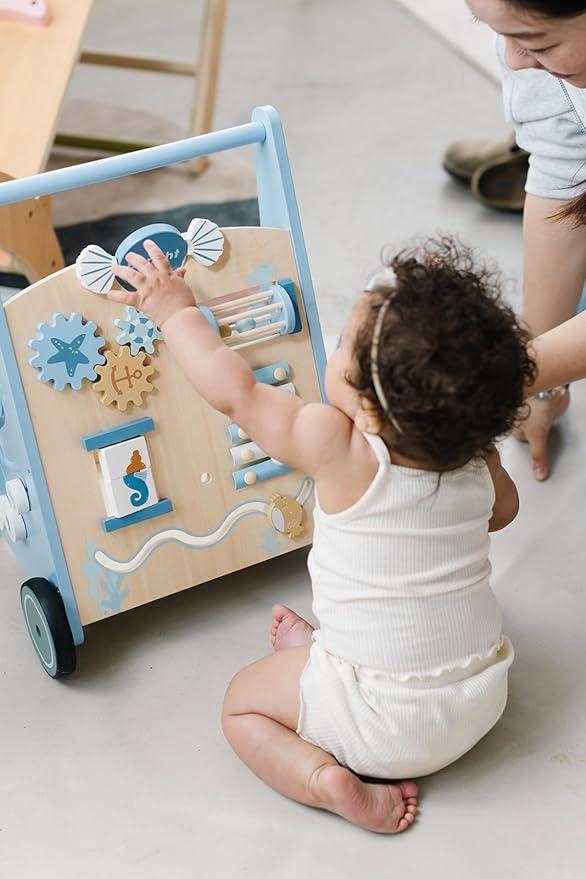 Beright Wooden Baby Walker Push and Pull Learning Activity Walker with Wheels Montessori Walker Toy Multiple Activities Center Develops Motor Skills & Stimulates Creativity (Blue)-CubbioJoy