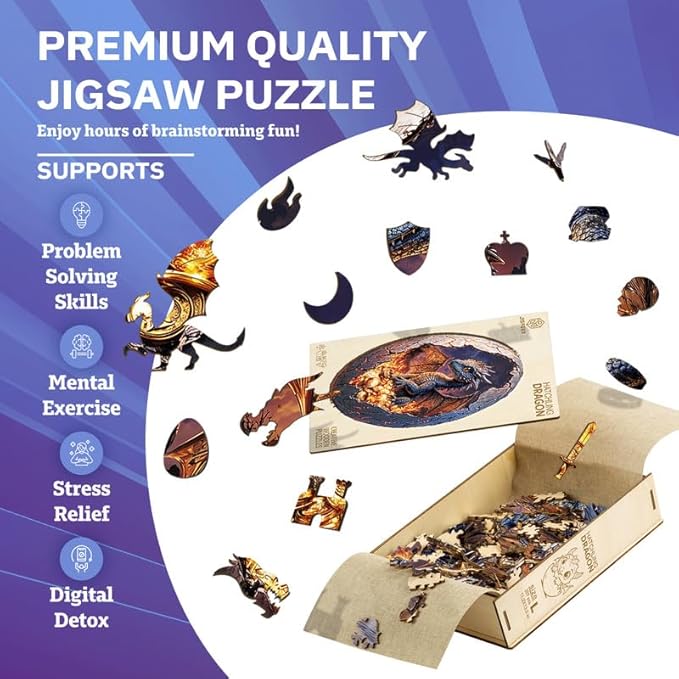 Jigfoxy Wooden Puzzle for Adults, Hatchling Dragon Wooden Jigsaw Puzzles for Adults, Unique Animal Shape Wood Cut Puzzles for Family Friend Puzzle Lovers(L-13.5 * 11.2in-257pcs)-CubbioJoy