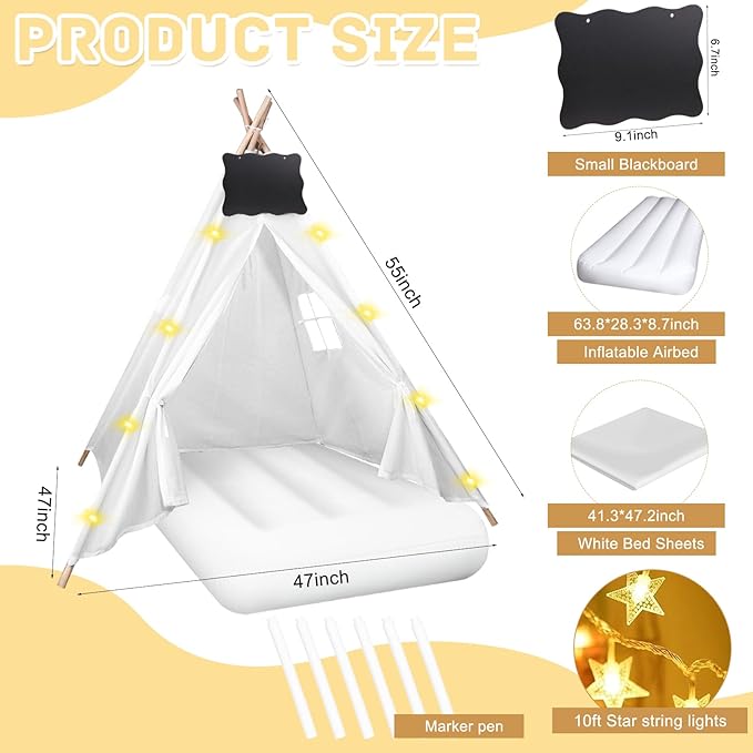 6 Pcs Kids Teepee Tent Bulk with Light String Inflatable Airbed Bedding Fitted Sheet and Markeable Small Blackboards for Boys Girls Indoor Outdoor Slumber Party (White)-CubbioJoy