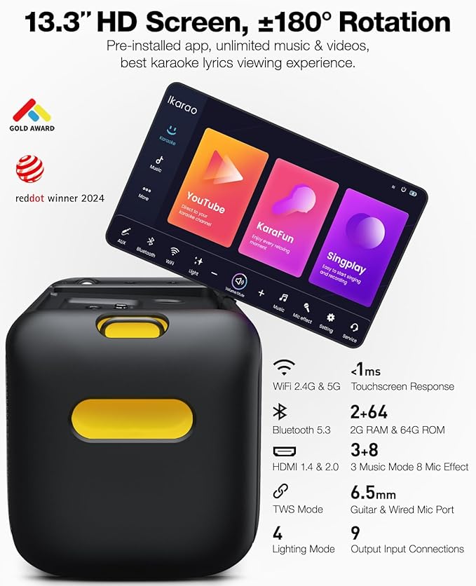 Karaoke Machine for Adults, with Lyrics Display Built-in 13.3" Screen, Truly All in One Karaoke Machine with 2 Wireless Microphone (Hidden & Self Charging), 460W Bluetooth Speaker for Party, TV-CubbioJoy