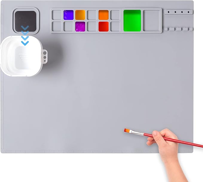 AWOKE Silicone Painting Mat - 20"X16" Silicone Art Craft Mat with 1 Water Cup for Kids -12 Color Dividers - 2 Paint Dividers (Grey)-CubbioJoy