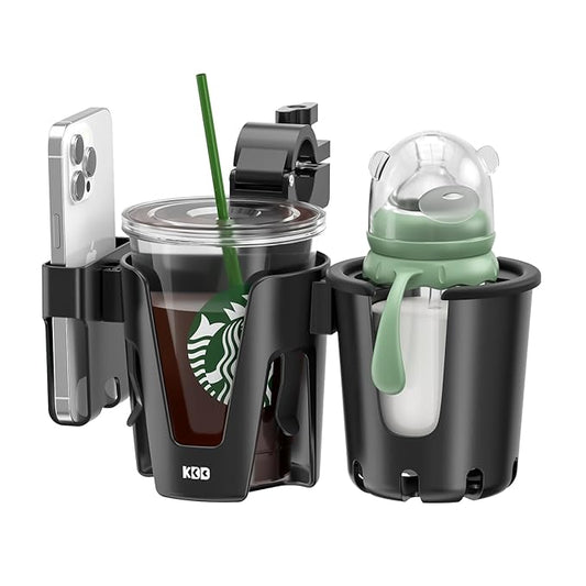 KDD Stroller Cup Holder with Phone Holder, 3-in-1 Removable Bottle Holder, 360 Degrees Rotation Drink Holder for Wheelchair, Stroller, Bike, Walker, Scooter, Bicycle, Uppababy, Bugaboo, Britax-CubbioJoy