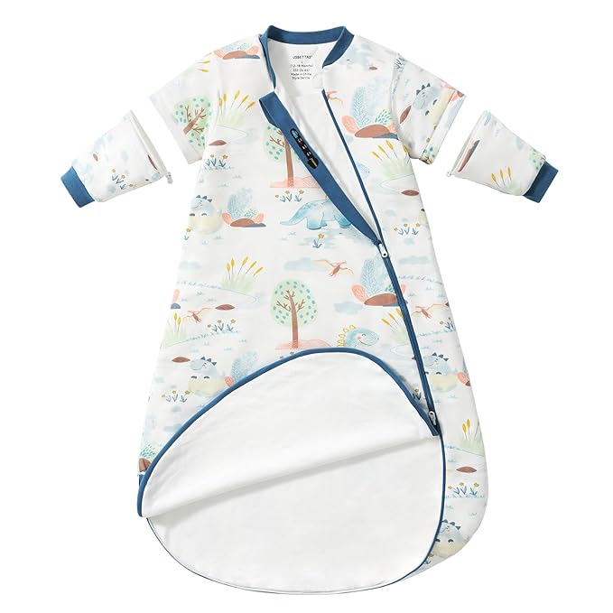 Baby Sleep Sack 6-12 Months, Cotton Detachable Long Sleeve Sleep Sack, 1.0 Tog Toddler Sleeping Sack with Temperature Strips, 2-Way Zipper Wearable Blankets for Newborns, Dinosaur-CubbioJoy