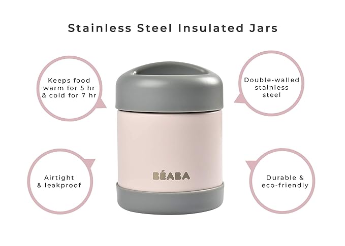 Beaba Stainless Steel Insulated Food Jar 10 oz, Kids Thermos, Lunch Containers, Leakproof, Wide Opening, Suitable for Hot and Cold Foods (Rose)-CubbioJoy