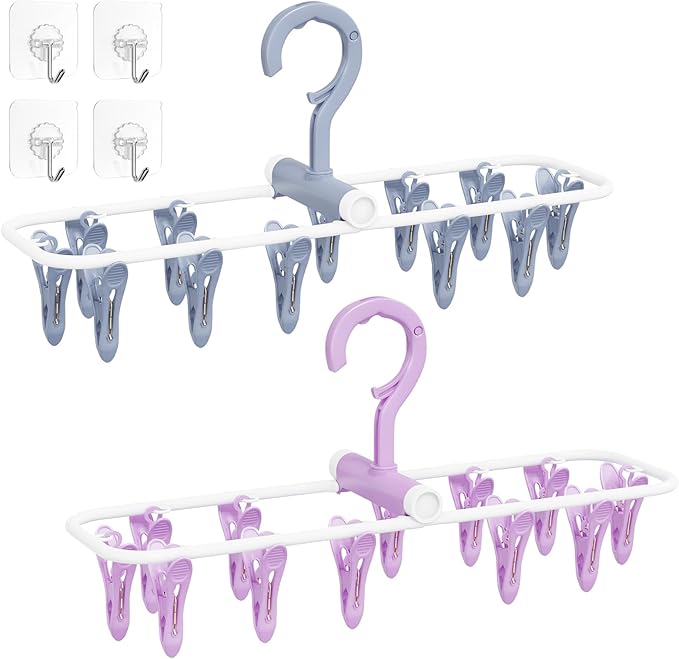 Clothes Drying Hanger with 12 Clips, 2 Pack Folding Portable Hanging Drying Rack,Drip Foldable Hanging Rack, 360° Rotatable Hook for Drying Towels Bras Baby Clothes Gloves Plastic(Blue&Purple)-CubbioJoy