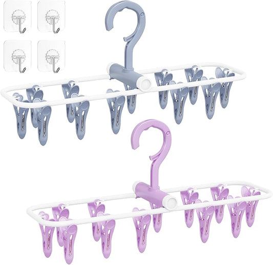 Clothes Drying Hanger with 12 Clips, 2 Pack Folding Portable Hanging Drying Rack,Drip Foldable Hanging Rack, 360° Rotatable Hook for Drying Towels Bras Baby Clothes Gloves Plastic(Blue&Purple)-CubbioJoy